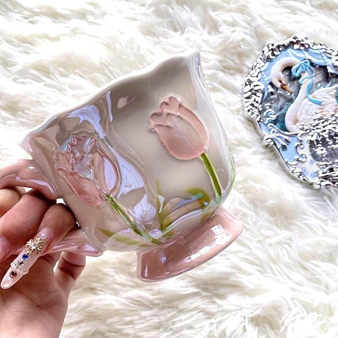 Ceramic Coffee MugEspresso Cup 14oz Pink Cute Flower withSpoon | novelty coffee mug，Glazed Ceramic Smooth Glossy Surface Lead ，Comes with Matching Spoon ，cute mugs for women
