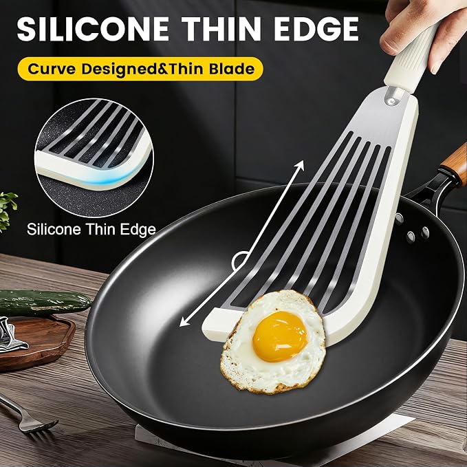 Silicone Fish Spatula, Heat Resistant Silicone Edge for Nonstick Cookware, Fish Turner for Kitchen Use, Flexible and Thin Stainless Steel Cooking utensils, 12.2 * 3.42 Inch, White