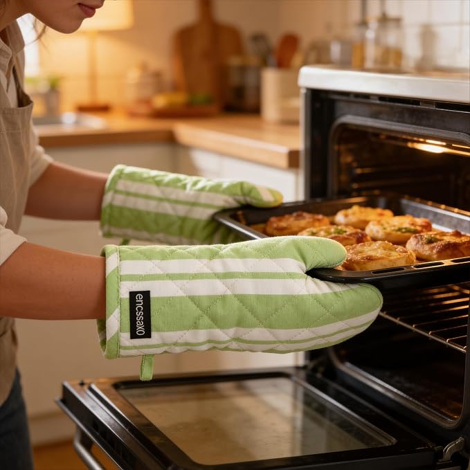 Encasa XO Oven Mitts, Heat Resistant Kitchen Gloves, Microwave | Franca Lime Stripes, 100% Cotton | Diamond Quilted Insulation | Pot Holders | Hanging Loop | Barbecue & Grill | Set of 2