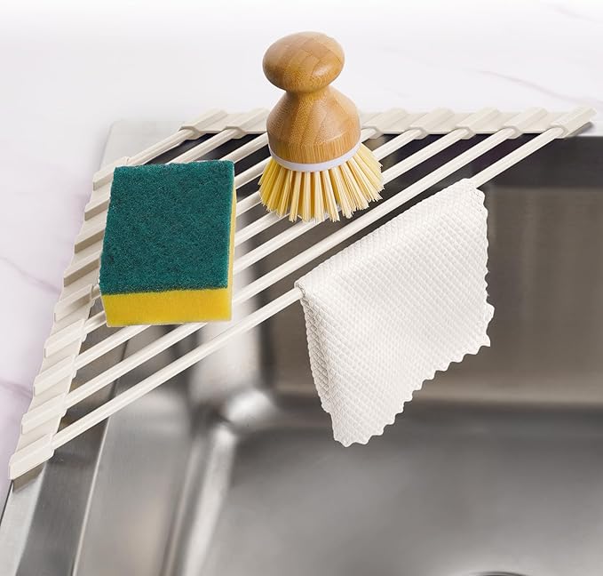 Tomorotec Triangle Roll Up Dish Drying Rack with Silicone Coating, White | 304 Stainless Steel with BPA-Free Silicone, Triangle Design Maximizes Sink Corner Space, Fits Compact Kitchens And RVs
