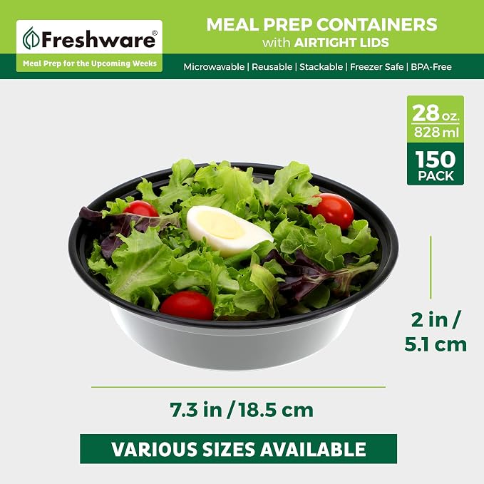 Freshware Meal Prep Containers with lids [150 Pack] Food Storage Containers, Bento Box, BPA-Free, Stackable, Microwave, Dishwasher, Freezer Safe, 32 Oz, Black