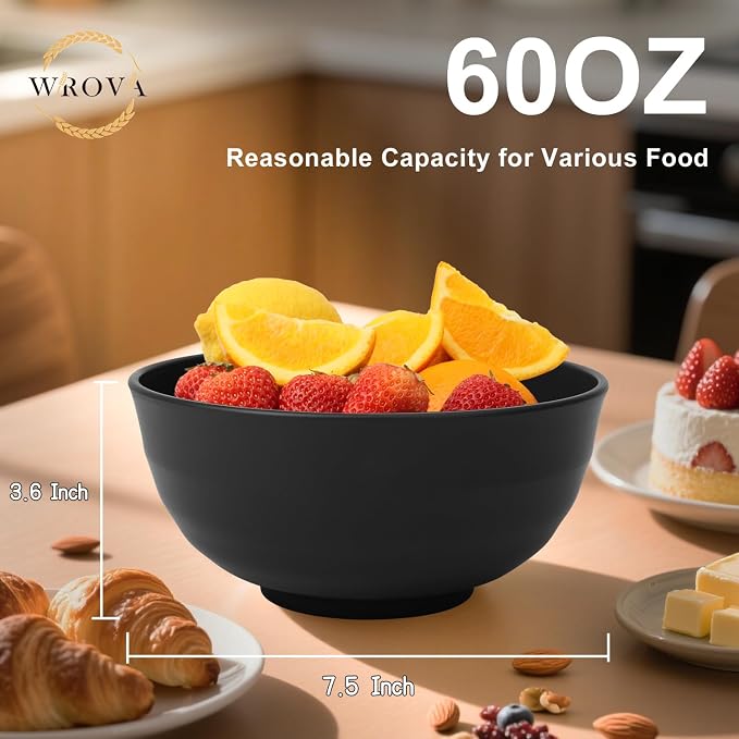 Wheat Straw Bowls 60oz, Large Salad Bowl Unbreakable Ramen Bowls Set of 6, Microwave & Dishwasher Safe Big Popcorn Bowl Alternative Plastic Bowls Reusable, Kitchen Bowls for Cereal,Noodle- Black