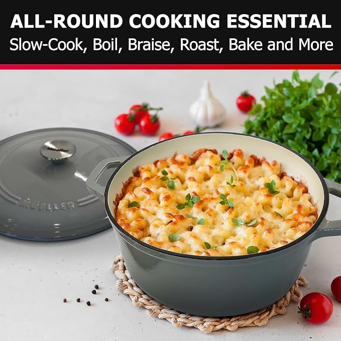 MUELLER HOME 7.5 QT Enameled Cast Iron Dutch Oven, Heavy-Duty, Oven-Safe up to 500° F & Across All Cooktops, Casserole Dish and Braiser Pan with Lid and Stainless Knob, Grey | Heavy-Duty, Oven-Safe up to 500° F, All Cooktops Compatible, Casserole Dish ...