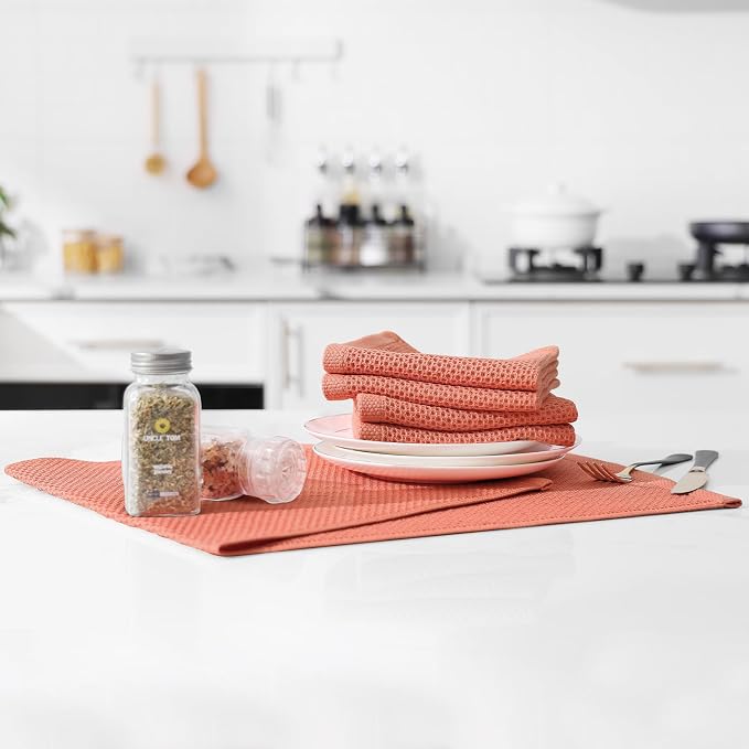 Kitinjoy 100% Cotton Waffle 4-Pack Kitchen Towels, 13" x 28", Coral | Super Soft, Ultra-Absorbent, Fast Drying, lightweight, Quick Drying Kitchen Hand Towels