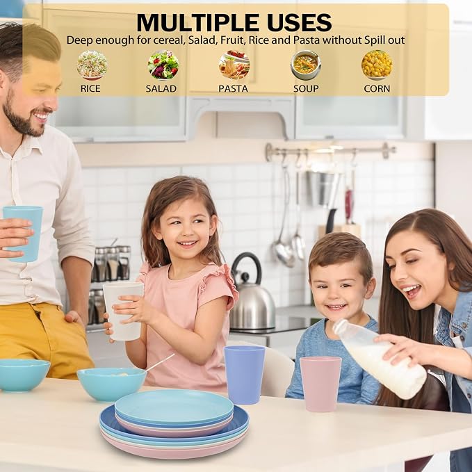 Rubtlamp Wheat Straw Plates and Bowls sets, Reusable Plastic Plate Set for 4, Kitchen Wheat Straw Dinnerware Sets (Spring Four Colors) Include Dinner Platos, Dessert Platos, Cereal Bowls, Cups