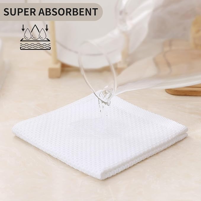 Kitinjoy 100% Cotton Waffle 6-Pack Kitchen Towels, 12" x 12", White | Ultra Absorbent, Super Soft, lightweight, Quick Drying Dish Rags for Washing Dishes