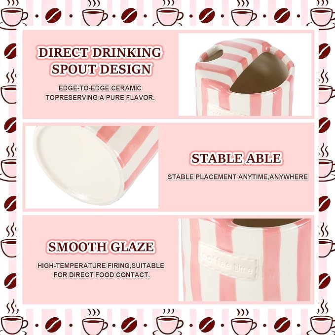 1 Pack Ceramic Mug with Sip Hole, Simple, Pink | 10oz Ceramic Coffee Cup with Straws, Retro Hand Painted Striped, for Iced Coffee Tea Latte Espresso, Kitchen Dining Travel