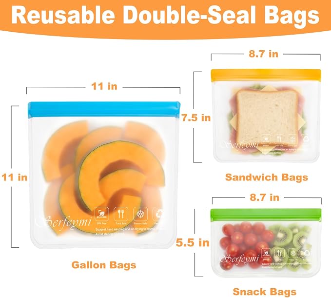 Serfeymi 10 Pack Reusable Gallon Freezer Bags Dishwasher Safe, Leakproof Food Storage Bags BPA Free, Extra Thick Reusable Bags with Meat, Home Organization, Travel - 2 Gallon 5 Sandwich 3 Snack Bags