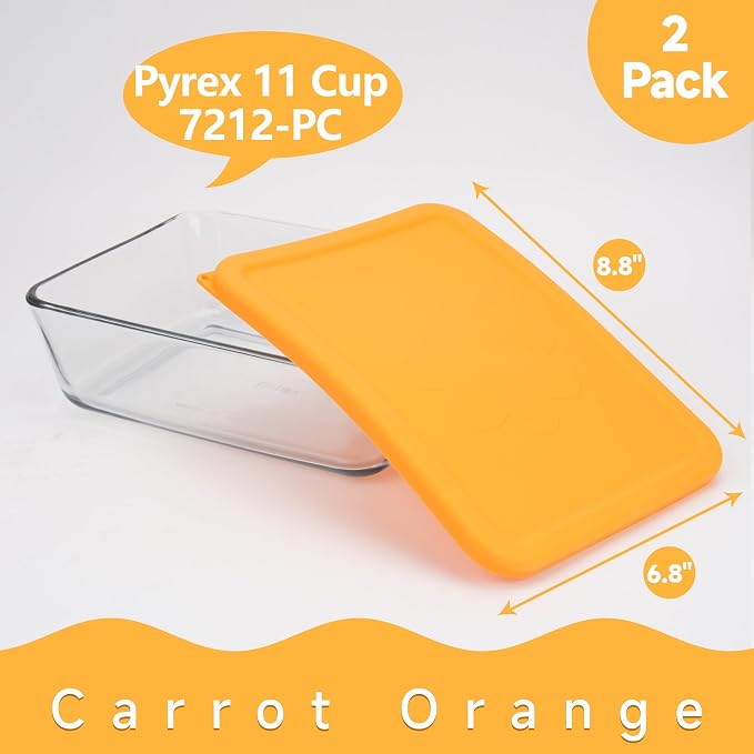 11 Cup Rectangle Silicone Storage Cover Lids Replacement for Pyrex 7212-PC Glass Bowls, (Container not Included) 2 Pack, Microwave, Dishwasher and Freezer Safe