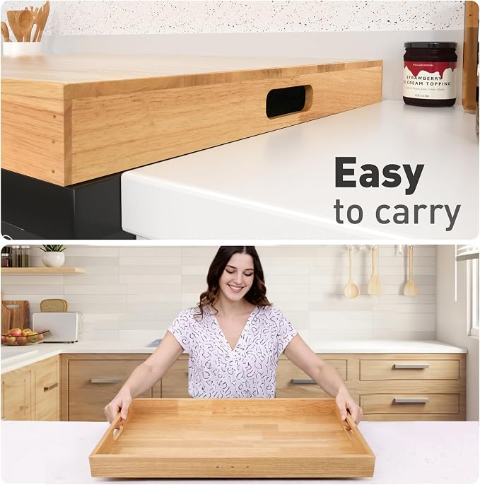 Buruis Rubberwood Stove Cover for 28.82 x 20.83 Inch Gas & Electric Stoves | Noodle Board Design with Juice Groove, Extra Counter Space, Built-In Handles, Multi-Purpose Kitchen Serving Board