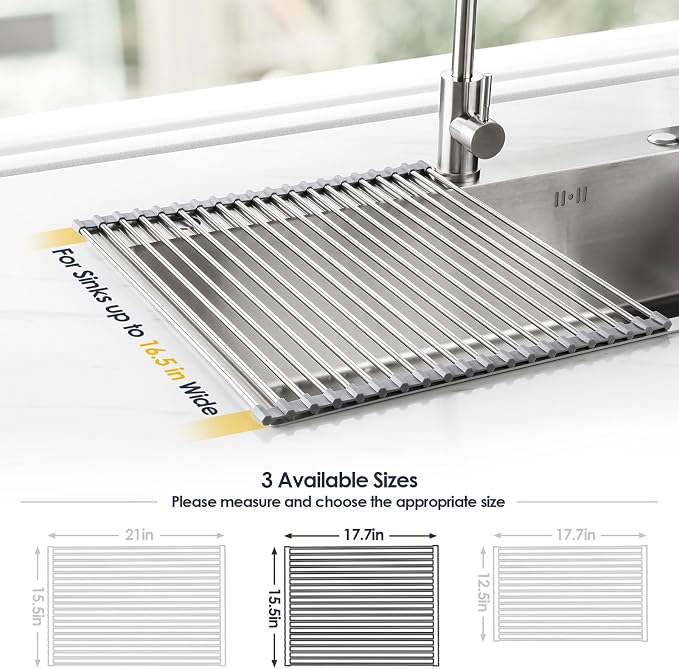 Tomorotec 17.7" x 15.5" Roll Up Dish Drying Rack Over Sink Drying Rack Sink Cover Kitchen Sink Accessories Gadget Multipurpose Organizer Foldable Stainless Steel Drainer (Grey) | Anti-Slip Silicone Rims For Grip, Heat-Resistant Trivet Mat Holding Heavy...