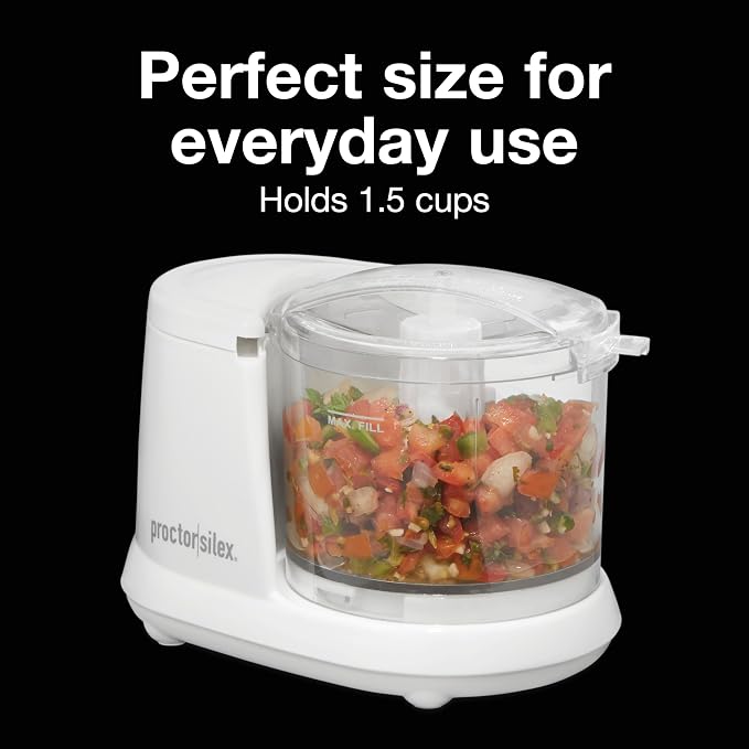 Proctor Silex Durable Electric Vegetable Chopper & Mini Food Processor | 1.5 Cup Bowl | Pulse Speed Control For Chopping, Puree & Emulsify | Stainless Steel Blades | Dishwasher Safe | White | 72500J