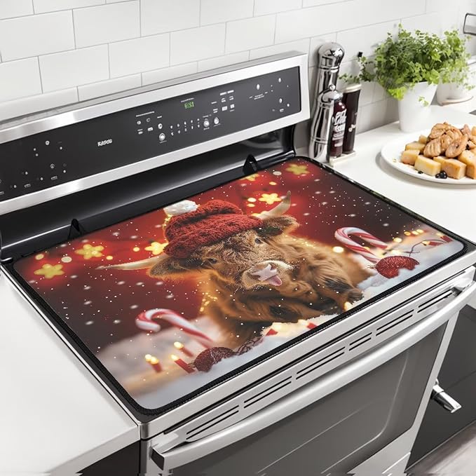 Christmas Highland Stove Top Cover for Electric Stove(30"x21"), Non-slip Silicone Glass Stove Top Protector, Waterproof Flat Top Oven Cover Mat, Multipurpose Countertop Mat