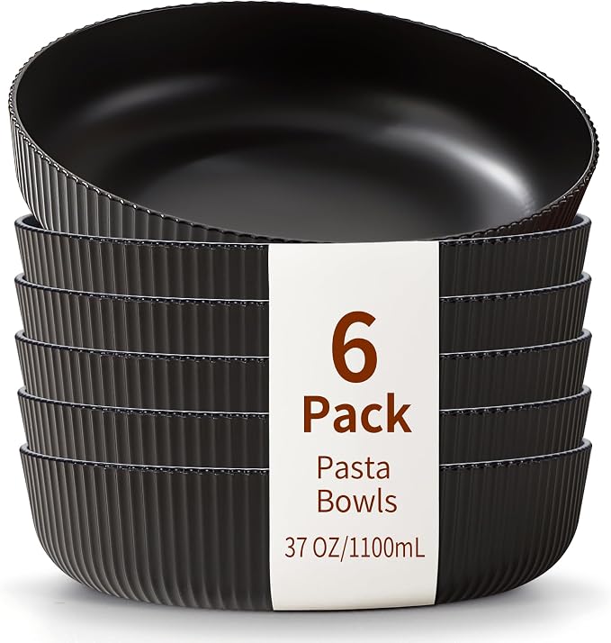 HOMQUEN Pasta Bowls Set of 6, 37oz Salad Bowls Black Soup Bowls, Large Pasta Serving Bowls, Unbreakable Plastic Dinner Bowls, Dinnerware Sets,Valentines Day Gift, Dishwasher Safe (Black)
