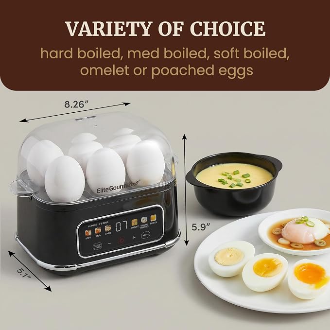 Elite Gourmet Digital Egg Cooker, 6-Egg, Onsen Tamago, Black | One-touch menu cooks soft, medium, or hard-boiled eggs plus poached eggs and omelets - audible alert on/off - auto shut-off