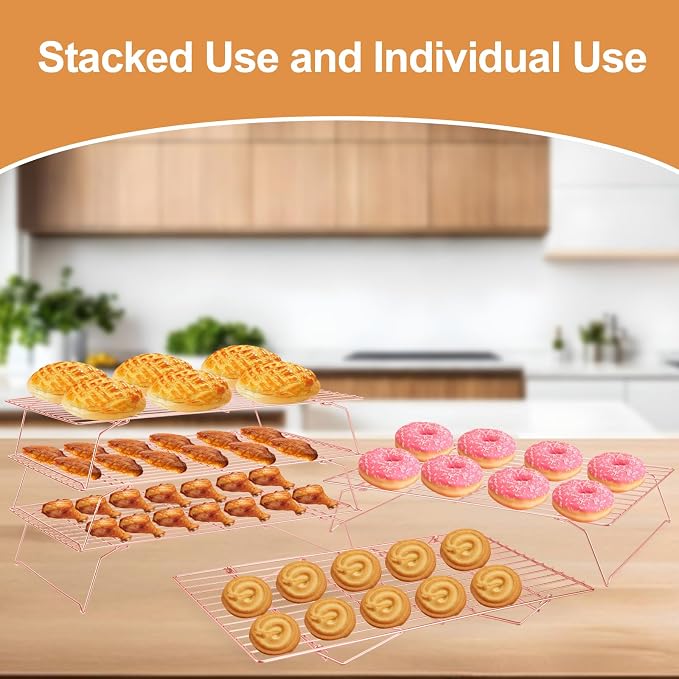 Briout Cooling Rack for Cooking Baking 3 Tiers,16"x10" Wire Rack, Rose Gold | Thick Wire Rack, Oven & Dishwasher Safe, for Roasting, Grilling, Drying, Fits Half Sheet Pan