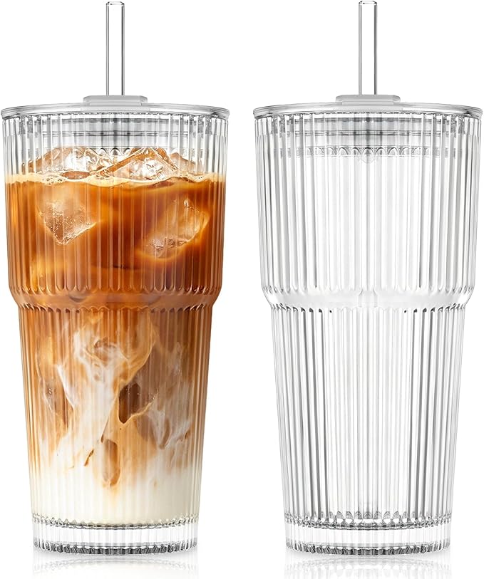 KEMORELA 20oz Ribbed Glass Tumblers with Lids and Straws,Iced Coffee Cups | Reusable thick-wall glass, Leak-Proof Lids, Fits Most Car Cup Holders, For Iced Coffee and Cold Drinks, With Cleaning Brush