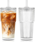 KEMORELA 20oz Ribbed Glass Tumblers with Lids and Straws,Iced Coffee Cups | Reusable thick-wall glass, Leak-Proof Lids, Fits Most Car Cup Holders, For Iced Coffee and Cold Drinks, With Cleaning Brush