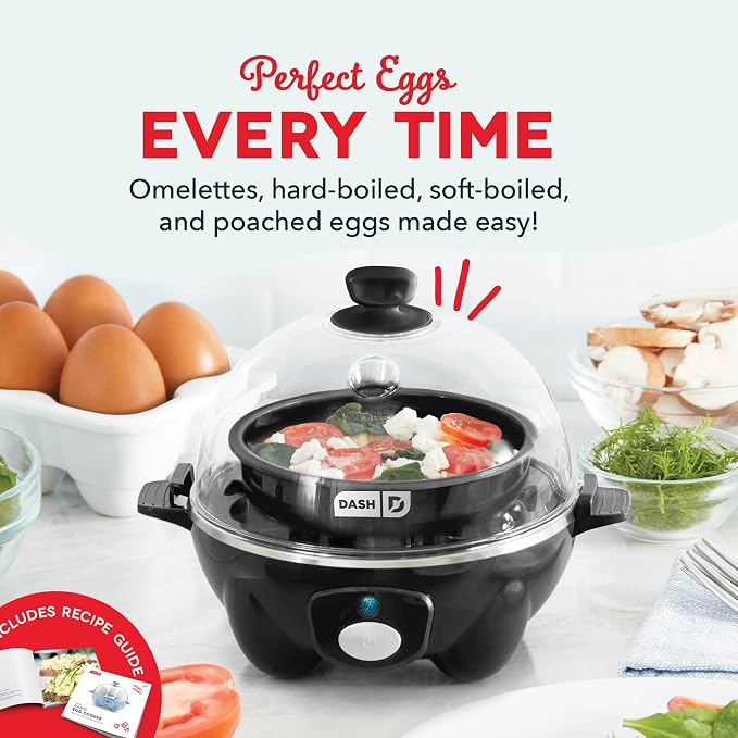 Dash Rapid Egg Cooker, 7 Hard Boiled Eggs, Black | Electric Egg Poacher, Boiler, Steamer & Omelette Maker Machine, Soft or Poached Eggs for Breakfast, Auto Shut-Off, BPA-Free