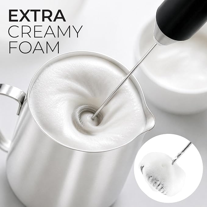 Zulay Kitchen Milk Frother Handheld - Mini Frother Wand, Milk Mixer, Drink Whisk for Coffee, Matcha Essentials & More, Stick Frother for Protein Shakes, Froster Mixer - AA Batteries Included - Black
