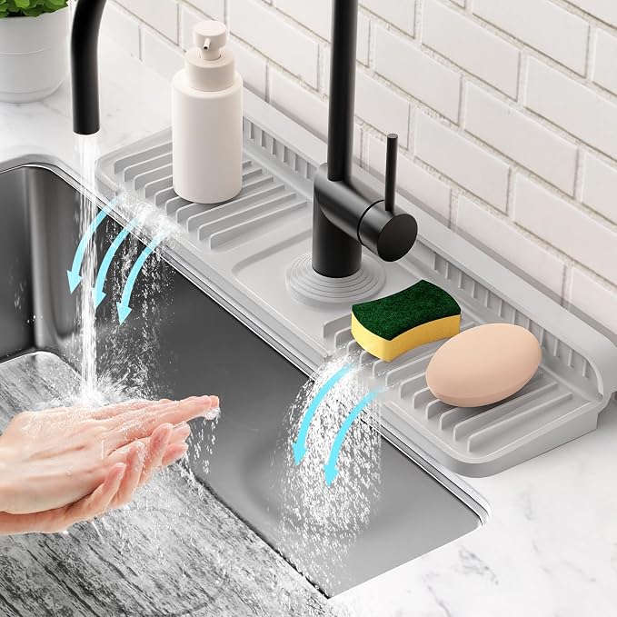 17.7'' Folding Faucet Mat for Kitchen Sink Splash Guard[7° Slope Fast Self-draining][Snap Lock Fit] Kitchen Sink Faucet Mat Splash Guard Kitchen Sink Area Water Splash Guard Behind Faucet Draining Mat