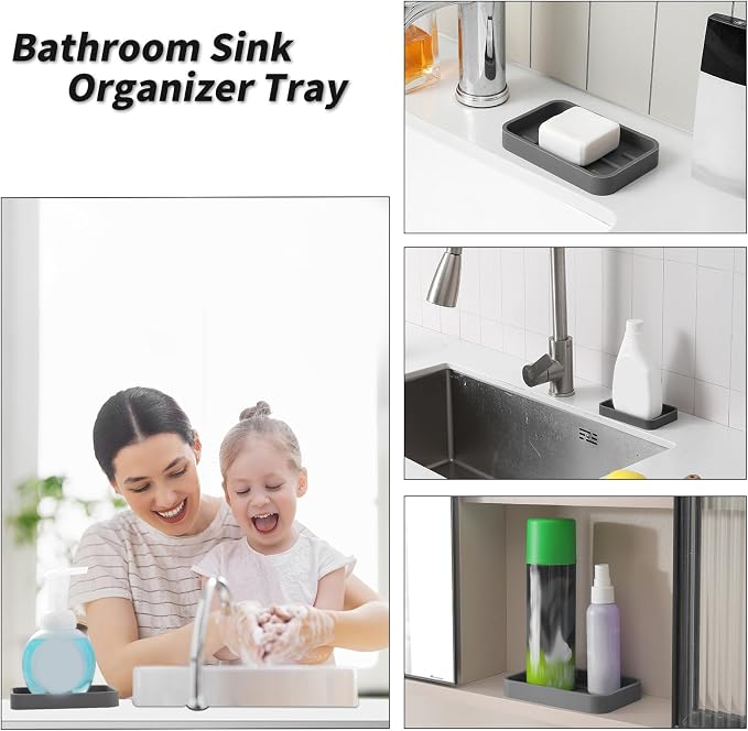 MicoYang Silicone Kitchen Sink Organizer Tray for Multiple Usage,Easy Clean Sponges Holder for Kitchen Bathroom Counter or Sink,Dish Soap Dispenser,Scrubber,Bottle,Cup Grey 4.9”x 3.2”