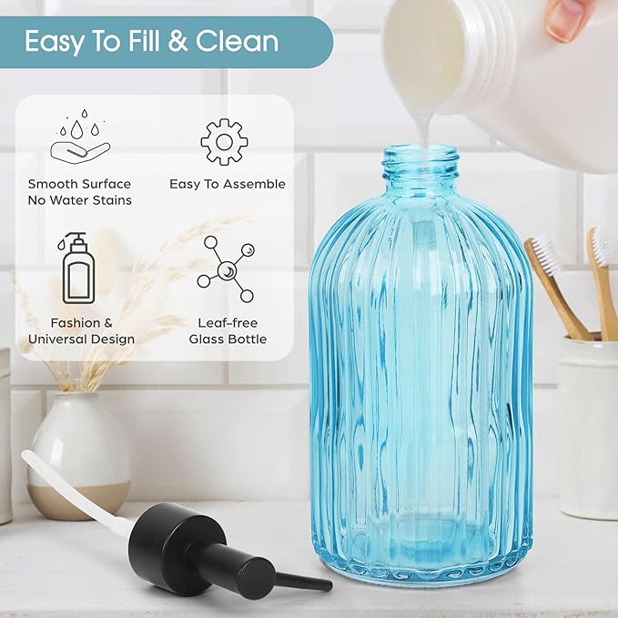Topsky Stripe Glass Soap Dispenser with Black Plastic Pump, 400ml Liquid Hand Soap Dispenser, Rustproof Pump for Kitchen & Bathroom, Great for Lotions, Essential Oil, Liquid Soaps- (Light Blue)