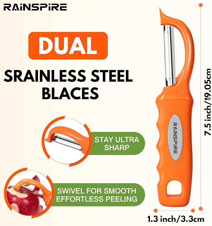 Rainspire Vegetable Peeler Potato Peelers for Kitchen, Sharp Stainless Steel Blades Veggie, Comfortable Handle Fruit Peeler, Carrot Peeler Apple Peeler Dishwasher Safe (2, Orange)