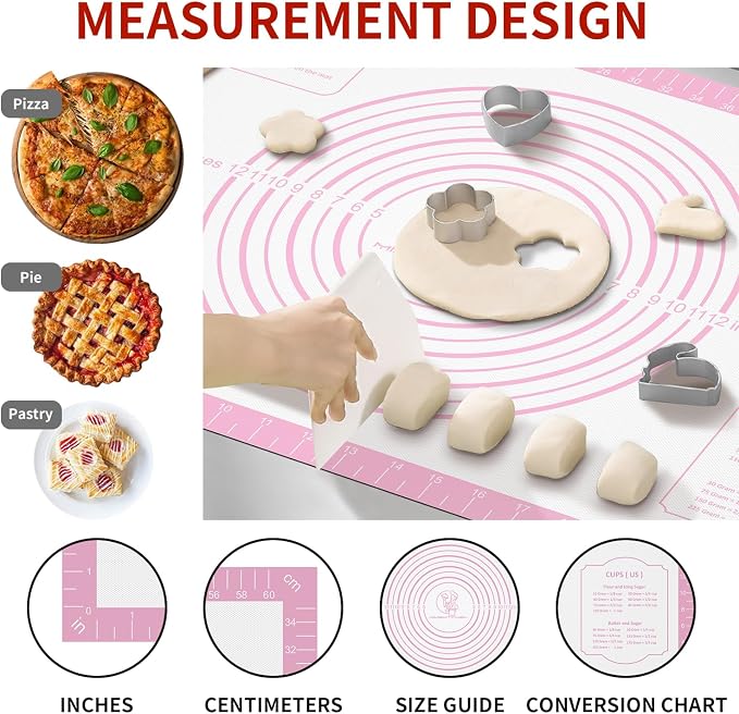 Silicone Pastry Mat for Dough Rolling, Extra Large Silicone Baking Mat with Measurements, Baking sheet for Cookies Fondant Pie Crust, Pink 28X20 INCH