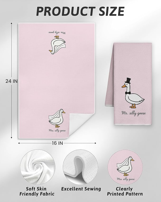 Funny Mr and Mrs Silly Goose Pink Kitchen Towels Set of 2, Wedding Gifts for Couples Newlyweds Dish Tea Towel for Kitchen Decor, Just Married Gifts Decorative Hand Towels for Bathroom, 16x24 Inch