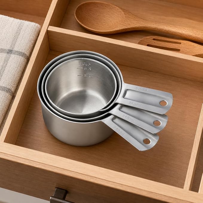 3PCS Measuring Cup, HIA 1 Cup Stainless Steel Metal Measuring Cups with Ergonomic Handle, Great for Wet and Dry Ingredients