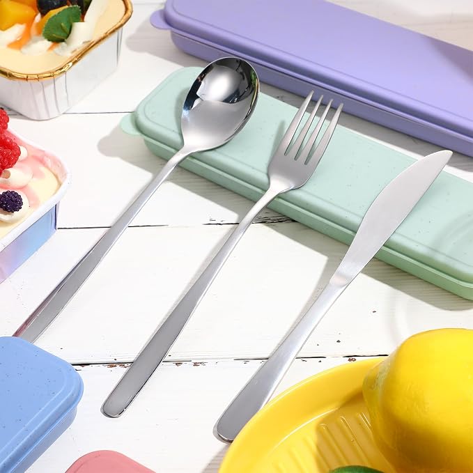 4 Pack Travel Silverware Set with Case for Lunch,Pastel | Reusable Utensils with Case, Portable Flatware, Camping Cutlery, Fork Spoon Knife, for Work School, Dishwasher Safe