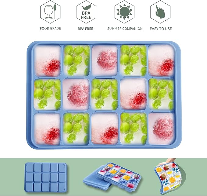 Tvmania Ice Cube Trays Set of 2, 15-Cube Silicone Molds with Removable Lids | Stackable, easy release, BPA-free, reusable, for freezer and whiskey