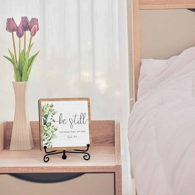 Inspirational Christian Desk Decor, Be Still And Know That I Am God Rutsic Sign, Desk Decorations For Office Home Living Room Bathroom, Eucalyptus Shelf Decor, Wooden Plaque With Stand (03)