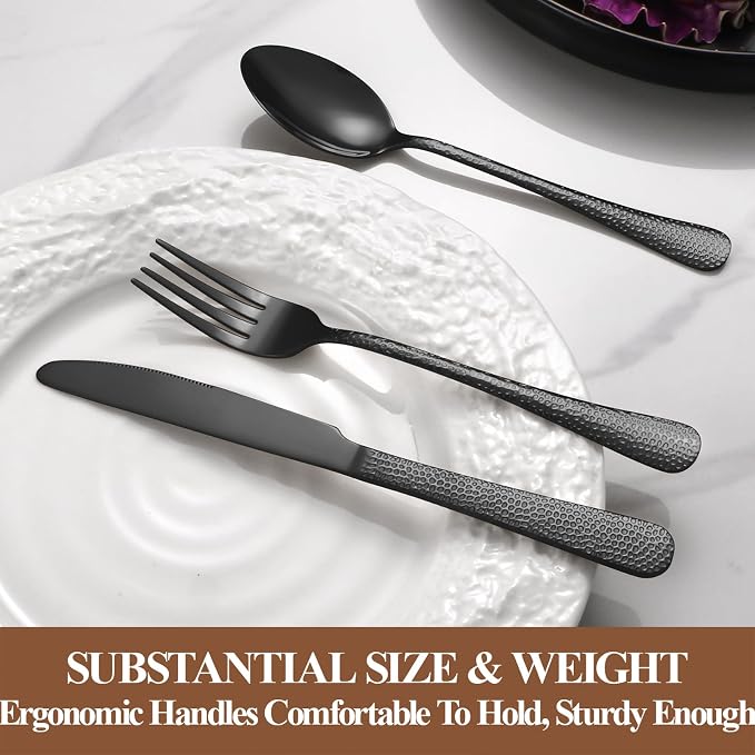 Silverware Set,20-Piece Stainless Steel Flatware Set for 4 | Food-Grade Stainless Steel Cutlery Set,Dishwasher Safe,Mirror Finished Utensil Sets for Home Restaurant,Wave Hammered,Black