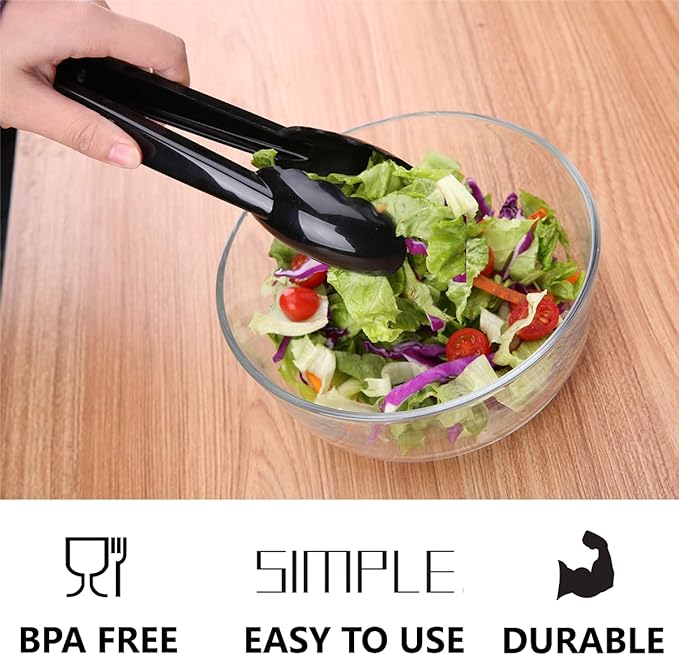 24 Pieces Plastic Serving Tongs, Scalloped Grip Disposable Salad Tongs, 9" Heavy-Duty Serving Utensils, BPA-Free, Perfect for Buffets, BBQ, Parties & Catering Ice Food, Black