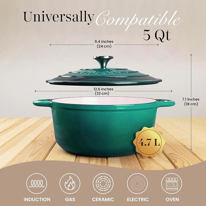 Cast Iron Dutch Oven with Lid - Non-Stick Ovenproof Enamelled Casserole Pot - Sturdy Dutch Oven Cookware - Dark Green, 5-Quart, 24cm - by Nuovva