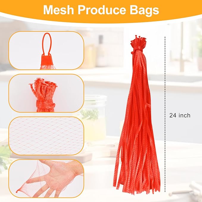 100-Pack Durable Nylon Mesh Bags, 24-Inch Reinforced Storage Bags with Secure Plastic Latches for Produce, Groceries, Toys, and Seafood Boiling
