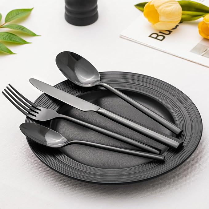 Black Silverware Set, 20-Piece Forged Flatware Set Cutlery Set Premium Stainless Steel, Service for 4, for Kitchen, Home, Wedding, Party, Mirror Polished and Dishwasher Safe