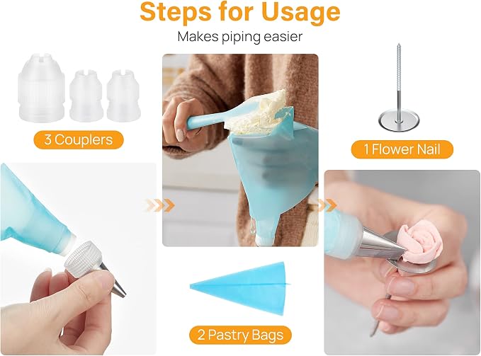 Kootek 54 Piping Bags and Tips Set Frosting Piping Kit for Beginners & Pros | Storage Case, Baking Supplies Kit, 48 Numbered Icing Piping Tips, 2 Reusable Piping Bags, for Cupcake Cookie Cake Decorating