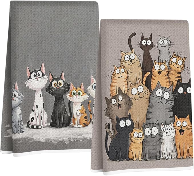 Jztco 2 Pcs Cute Cat Kitchen Towels, Cats Gifts Absorbent Hand Tea Towel
