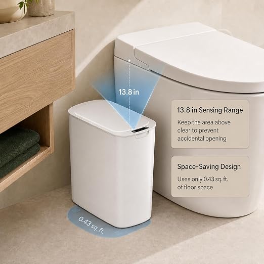 TIPGO Automatic Small Bathroom Trash Can with Lid, 2.6 Gallon, White | Motion Sensor, Plastic, Touchless, Odor Control, Smart Garbage Can, Battery Operated, Manual Button, for Bedroom, Office