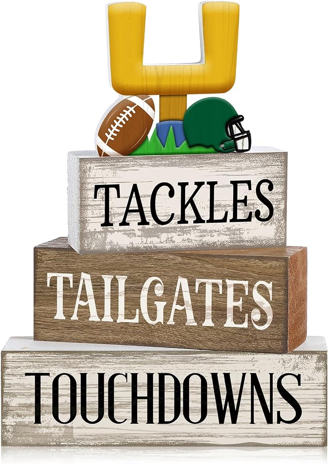 Lineshading 4 Pcs Fall Football Table Decor, Wood Block Sign Home Shelf | Football Table Centerpiece for Tiered Tray, Rustic Sport Game Wooden Block for Fans Club Tailgate Birthday Party Decor