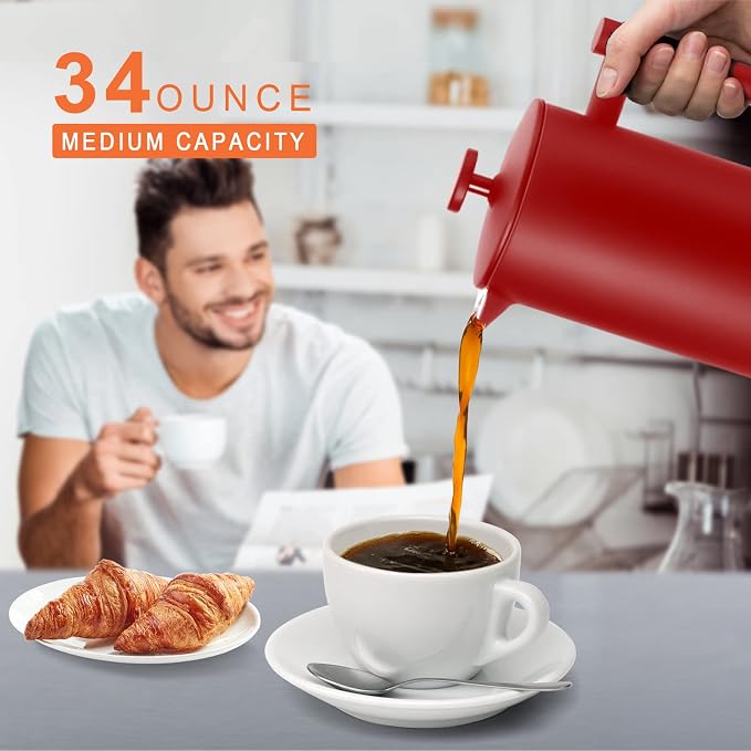 Secura French Press Coffee Maker, 304 Grade Stainless Steel Insulated Coffee Press with 2 Extra Screens, 34oz (1 Litre), Red
