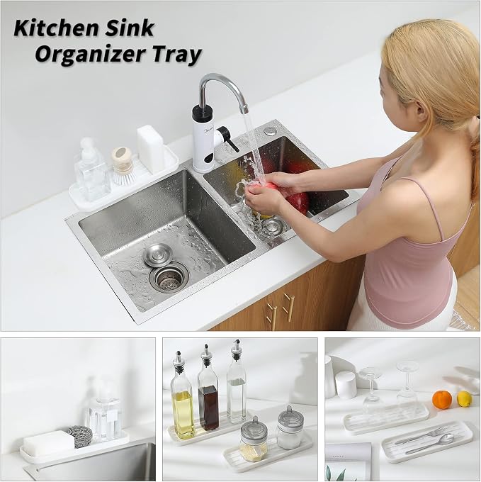 MicoYang Silicone Kitchen Sink Organizer Tray for Multiple Usage,Eco-Friendly Sponges Holder for Kitchen Bathroom Counter or Sink,Dish Soap Dispenser,Scrubber,Bottle,Cup (White, 12"×4")