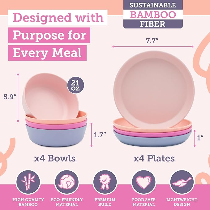Grow Forward Bamboo Kids Plates and Bowls Sets - 8-Piece Dishwasher Safe Non Toxic Plates for Kids - Reusable Eco Friendly BPA Free Dishes Dinnerware Sets for Children - Floral