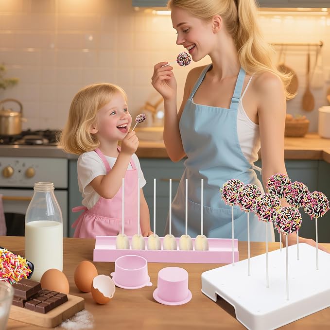 Round Cake Pop Mold Set with 9in Tray and Sticks- Pink | ABS Cake Pop Maker with Cutter and Pusher, perfect for making uniform cake pops for parties, weddings, and homemade desserts.