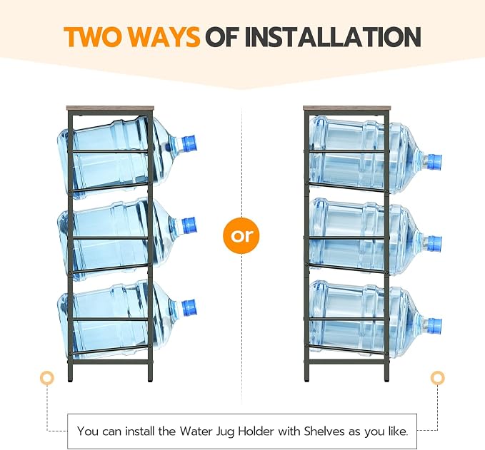 HOOBRO Water Jug Rack, Water Bottle Holder, 5 Gallon Water Jug Rack, 3-Tier Water Cooler Storage Rack, Water Dispenser Stand, for Kitchen, Living Room, Office, Greige and Black BG01ST01