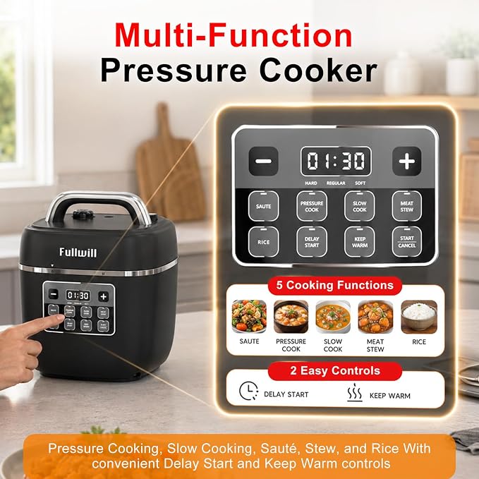 Fullwill Electric Pressure Cooker Lite 3 Quarts,7 in1,Slow Cooker, Rice Cooker,Steamer, Sauté, Warmer, Olla de Presion Nonstick Pot