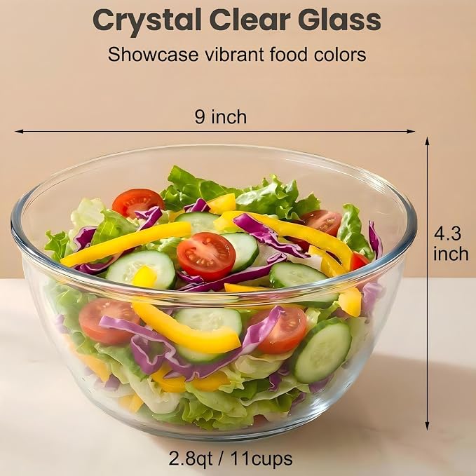 Borosilicate Glass Mixing Bowls, Set of 2 (9-inch, 2.8 QT Each) – Heavy Duty, Scratch Resistant, Non-Toxic & Lead-Free – Oven/Microwave/Dishwasher/Freezer Safe – Ideal for Meal Prep, Baking & Serving